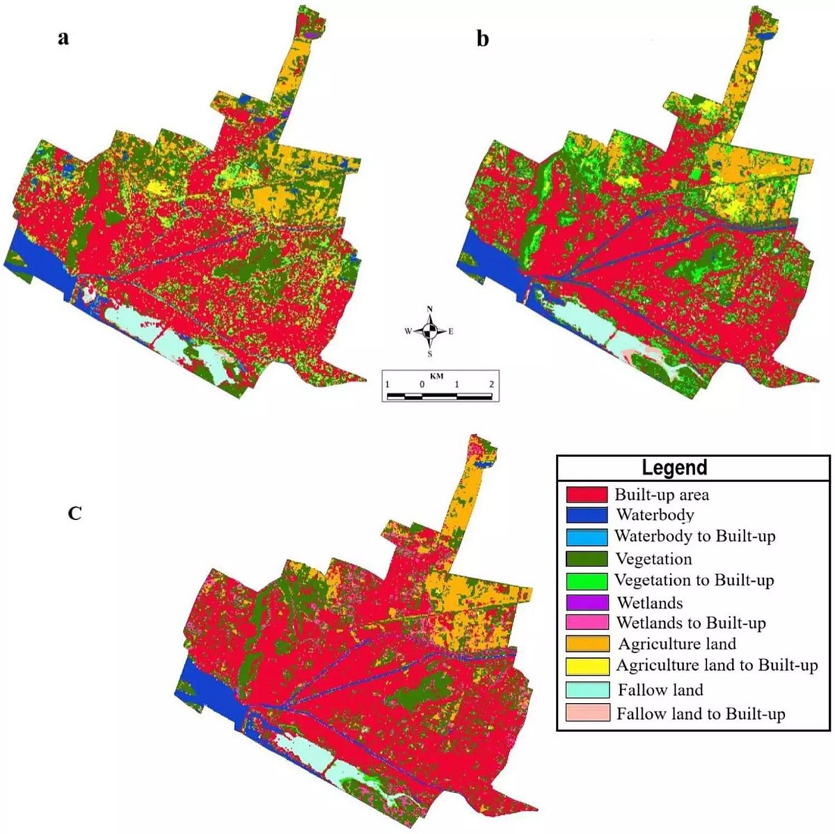 Land Use and Land Cover Change in Vijayawada (a) 2001-2011 (b) 2011-2021 (c) 2021–2023 (Source: Urban Transitions, September 2025)