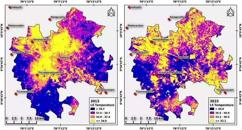 Land surface temperature in Madurai, 2013 and 2023 (Source: Theoretical and Applied Climatology)