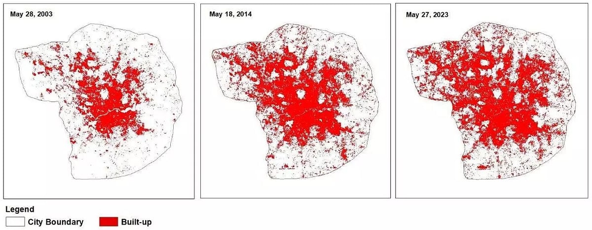 Growth in urban built-up in Hyderabad (Source: Centre for Science and Environment, Urban Heat Stress Tracker)