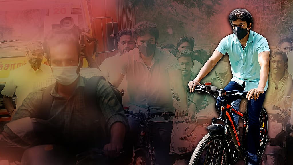 Actor Vijay cycling to polling booth during the 2021 state Assembly elections (Image designed by Dharini Prabha)