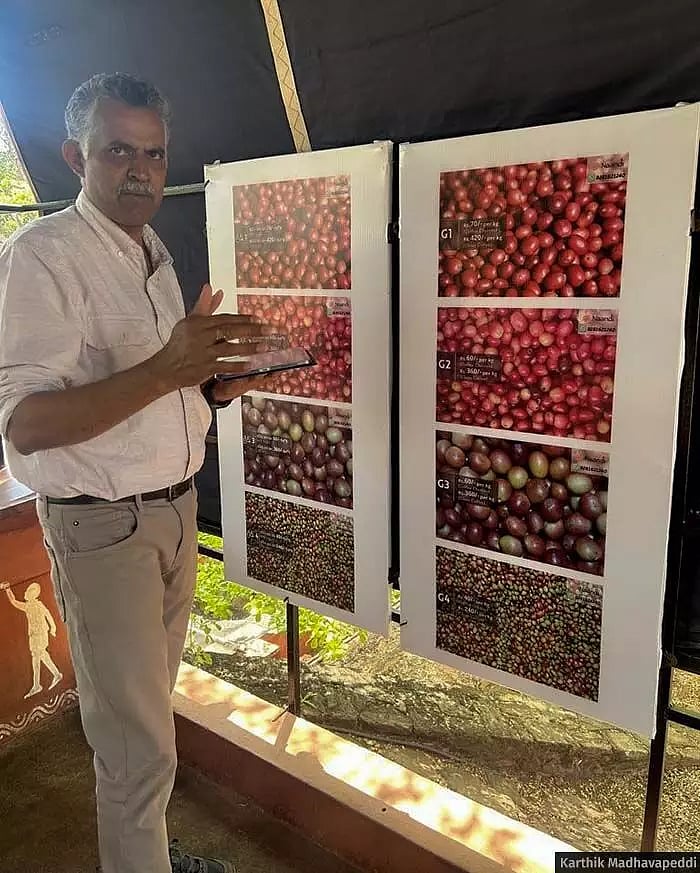 Vinod Hedge, head of quality production warehousing at Naandi foundation explains the rates at which they procure different grades of coffee. (Image courtesy Karthik Madhavapeddi)