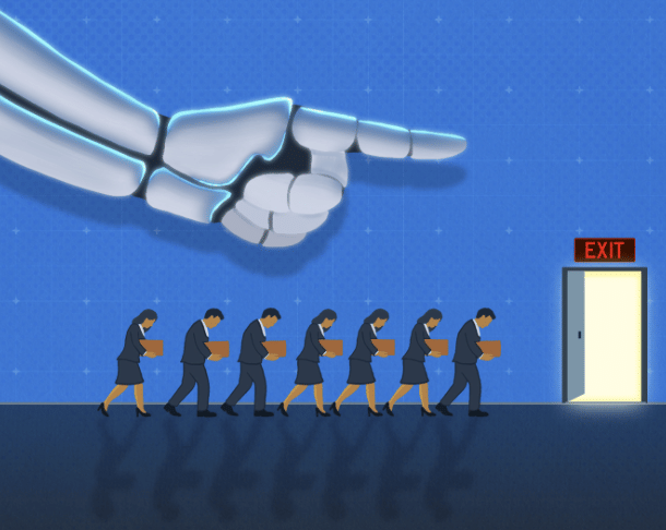 Robot hand showing the way out to employees