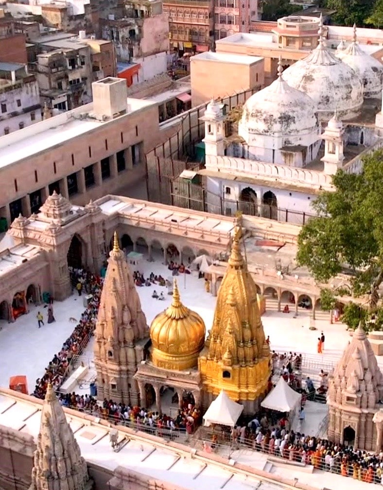 Tightly barricaded lines snaking through the Kashi Vishwanath Temple.