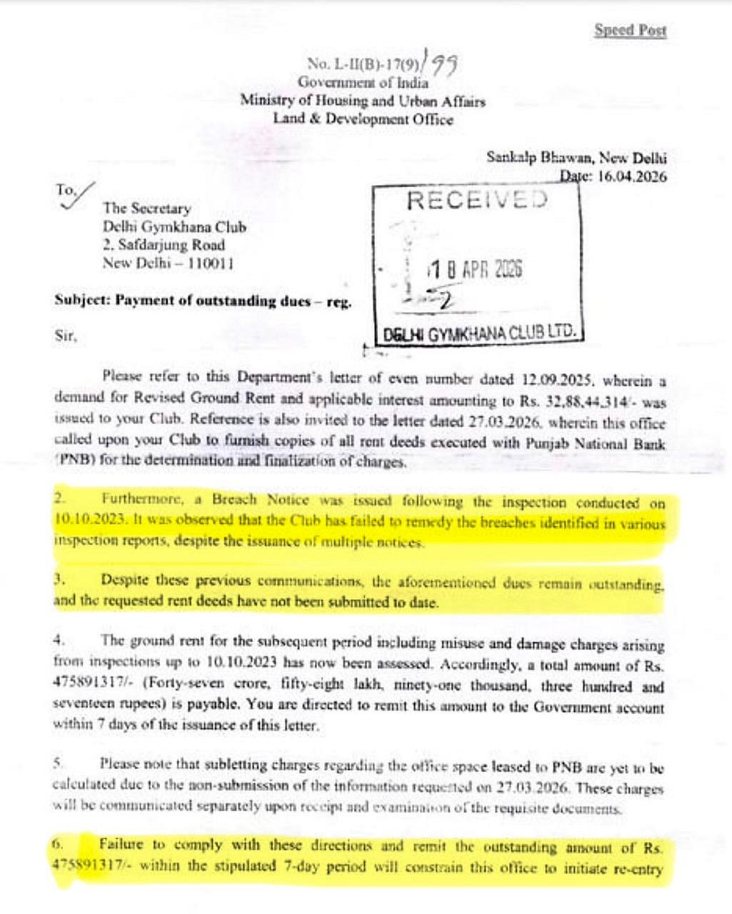 First L&DO eviction notice regarding payment of escalated dues, “breaches” of lease, the failure to remedy both “despite multiple notices” and the threat of “re-entry” in seven days.