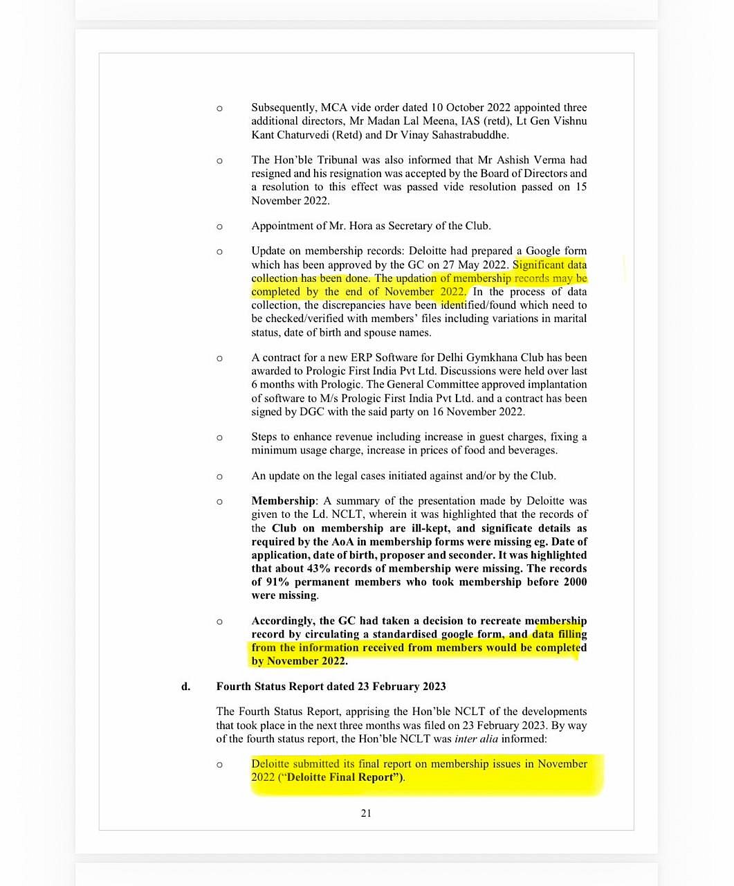 Deloitte report deemed “final” and membership updation completed by end November '22