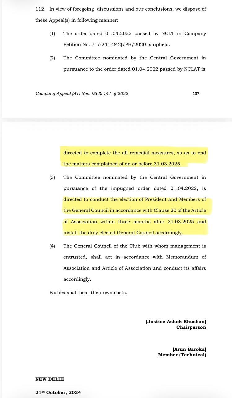 NCLAT judgment that orders polls to be conducted by June 30, 2025, to hand over to a newly elected General Committee and for the MCA-appointed Directors to exit.