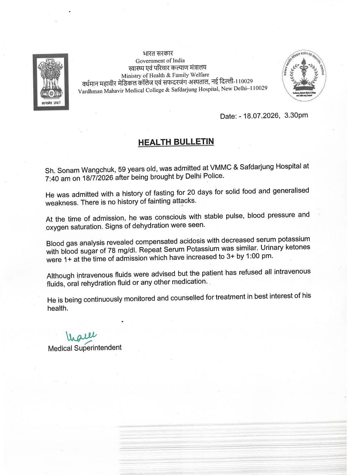 Medical bulletin issued by Safdarjung Hospital