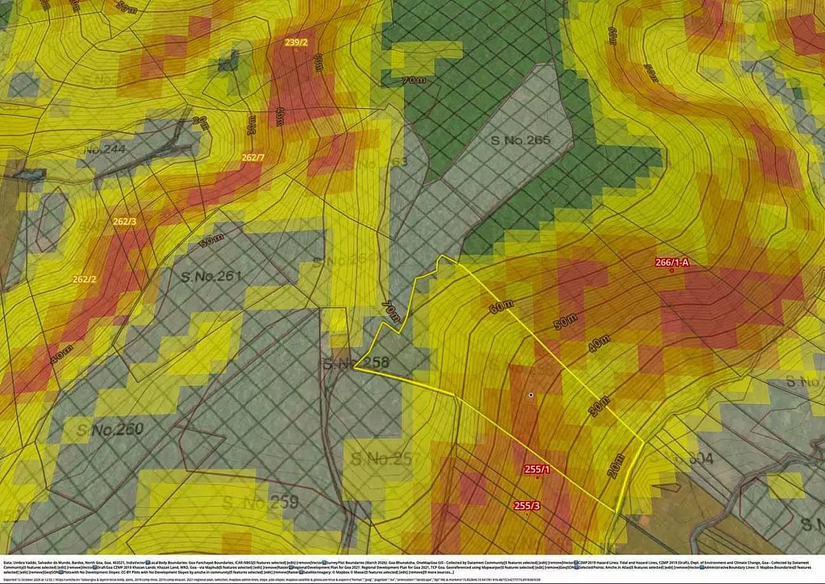 The area within the yellow box is the plot owned by KGL, that they want to convert to a settlement zone. The areas coloured in red and yellow show slope data from ISRO’s CartoDEM elevation model. Red shows slopes between 25-35%, orange denotes slopes between 20-25% and yellow depicts slopes between 10-20%. (Source: https://amche.in/)