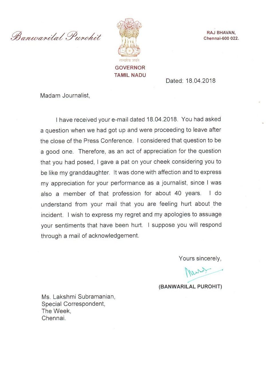 TN Governor apologises to journalist for touching her cheek without consent