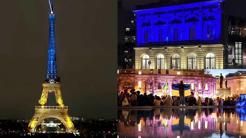 உக்ரைன் போர்: ஈஃபிள் டவரில் ஒளிர்ந்த உக்ரைன் தேசியக் கொடி - ஆதரவாக திரண்ட உலக நாடுகள்