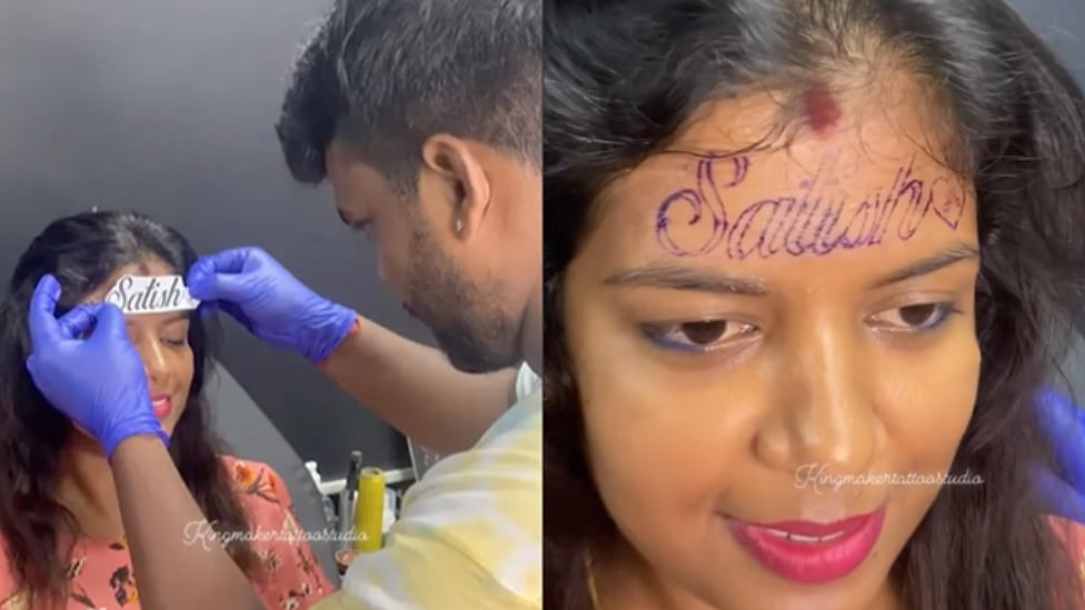 கணவரின் பெயரை நெற்றியில் பச்சை குத்திய பெங்களூரு பெண் : வைரலாகும் வீடியோ - உண்மை என்ன?