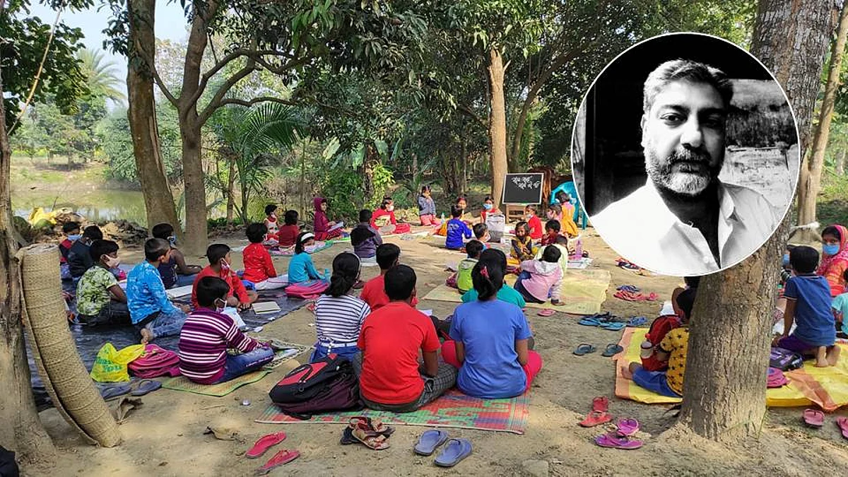 স্কুল বন্ধ, করোনা বিধি মেনে গাছতলাতেই বাচ্চাদের পাঠশালা চালু করলেন প্রাথমিক শিক্ষক