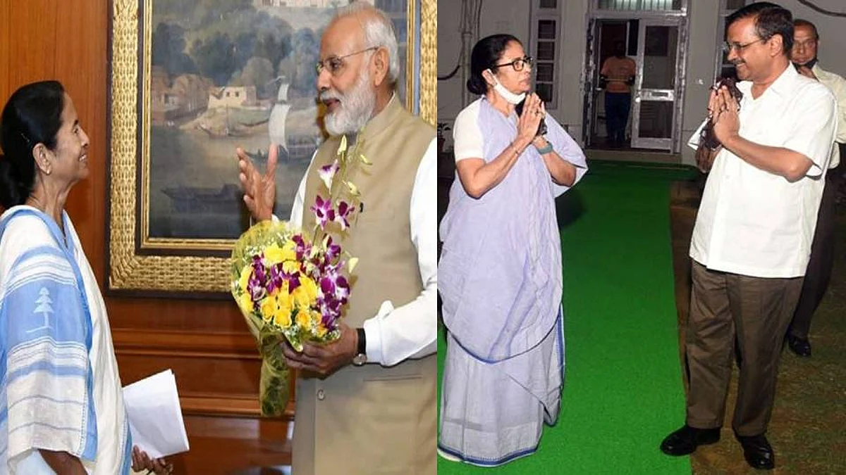 নরেন্দ্র মোদী ও মমতা বন্দ্যোপাধ্যায় মুখোমুখি হওয়ার আগে তৃণমূল ভবনে ছুটে এলেন কেজরিওয়াল