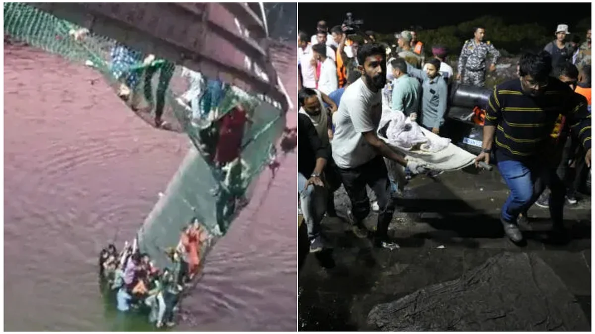 সেতু ভেঙে পড়ার মুহূর্ত (বামদিক), আহতদের উদ্ধার করে হাসপাতালে নিয়ে যাওয়া হচ্ছে