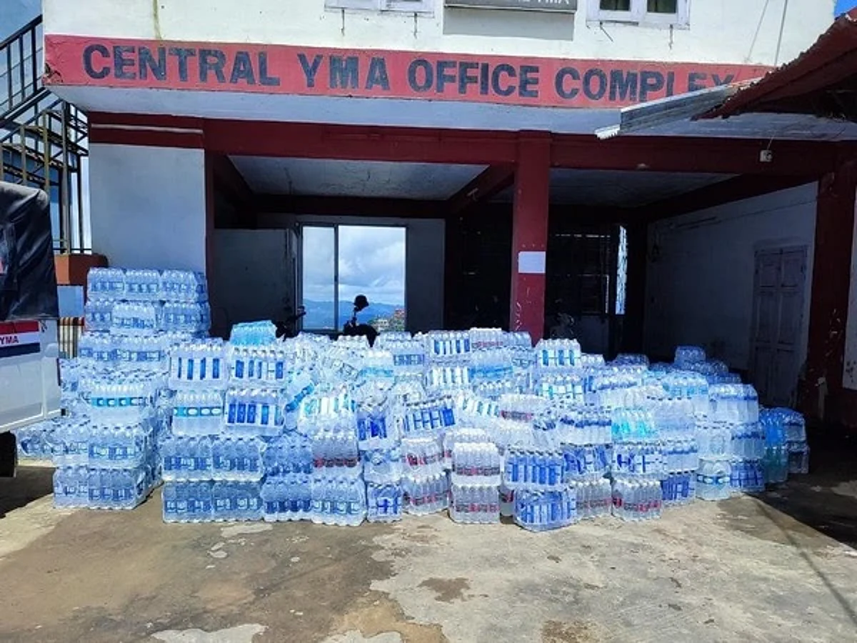 The drinking water bottles are being delivered by the Central Young Mizo Association from Mizoram