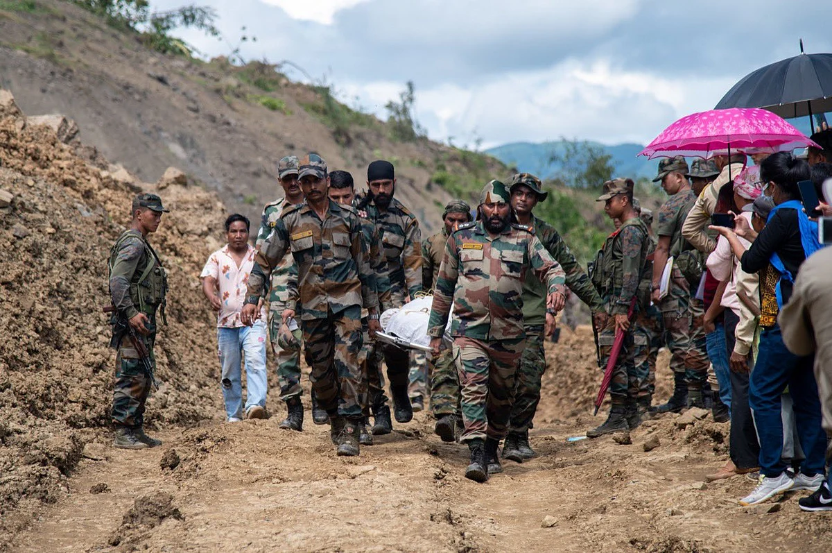 Army retrieving a body at landslide-hit Tupul in Manipur