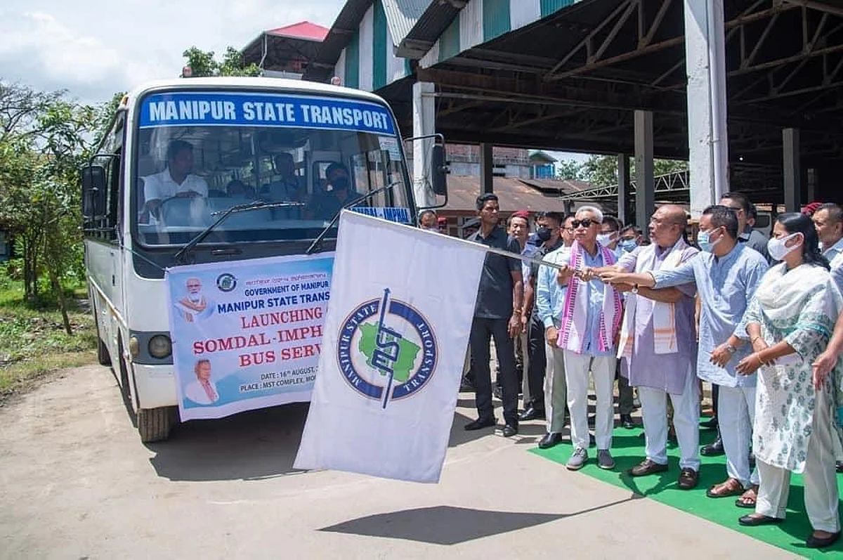 Manipur CM flags off bus service from Imphal to Somdal Village