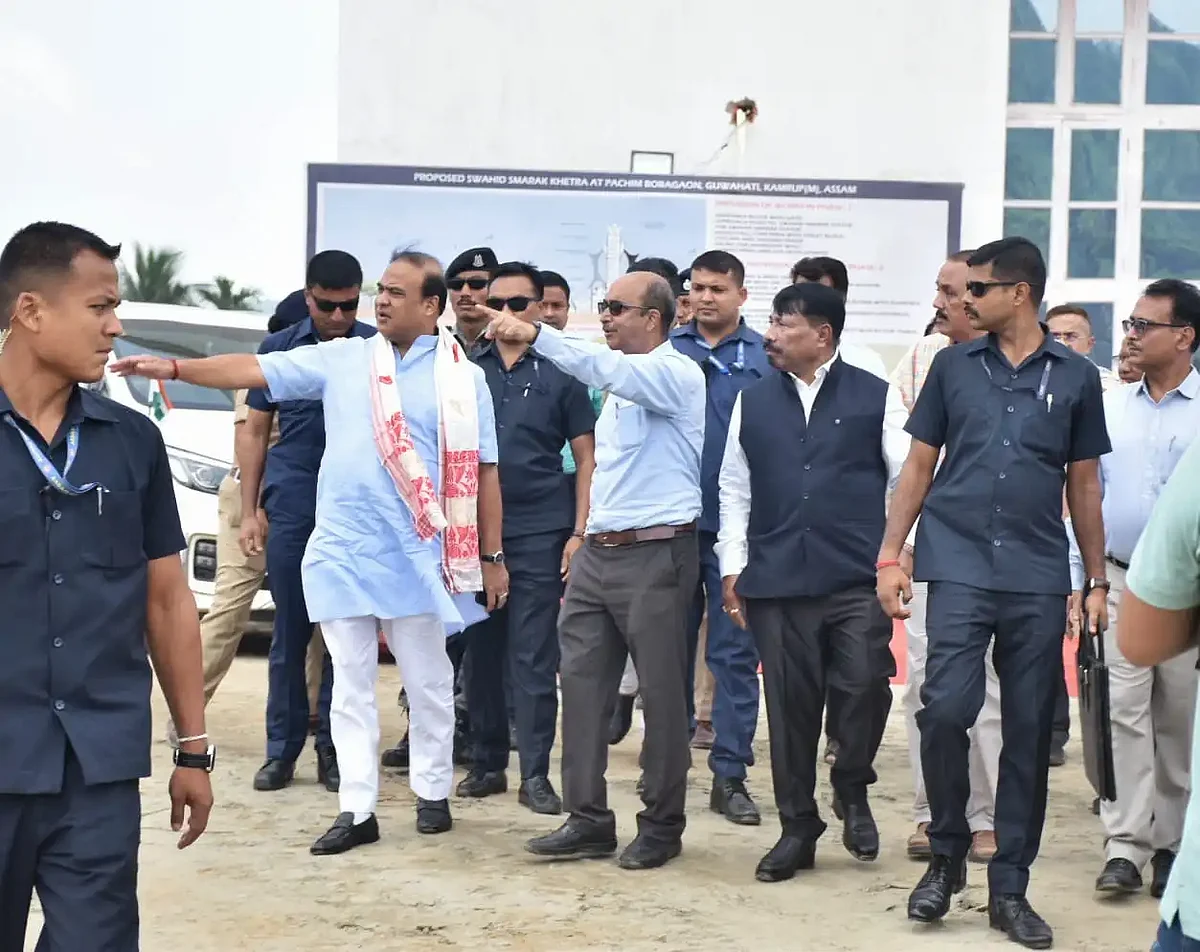 Assam CM Himanta Biswa Sarma inspected the site for the construction of Martyrs Memorial in Guwahati | Image: Twitter/ Atul Bora