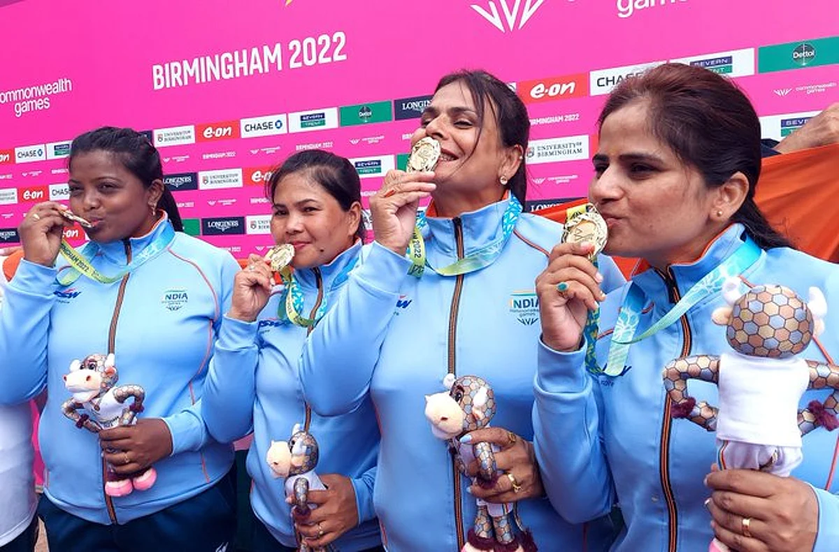 The Indian lawn bowls team with Nayanmoni Saikia (second from left) won gold at CWG 22