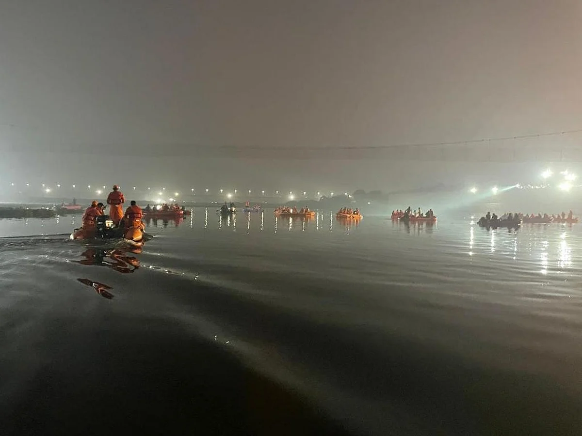 Rescue operations underway at the incident site in Gujarat's Morbi | photo credit: ANI