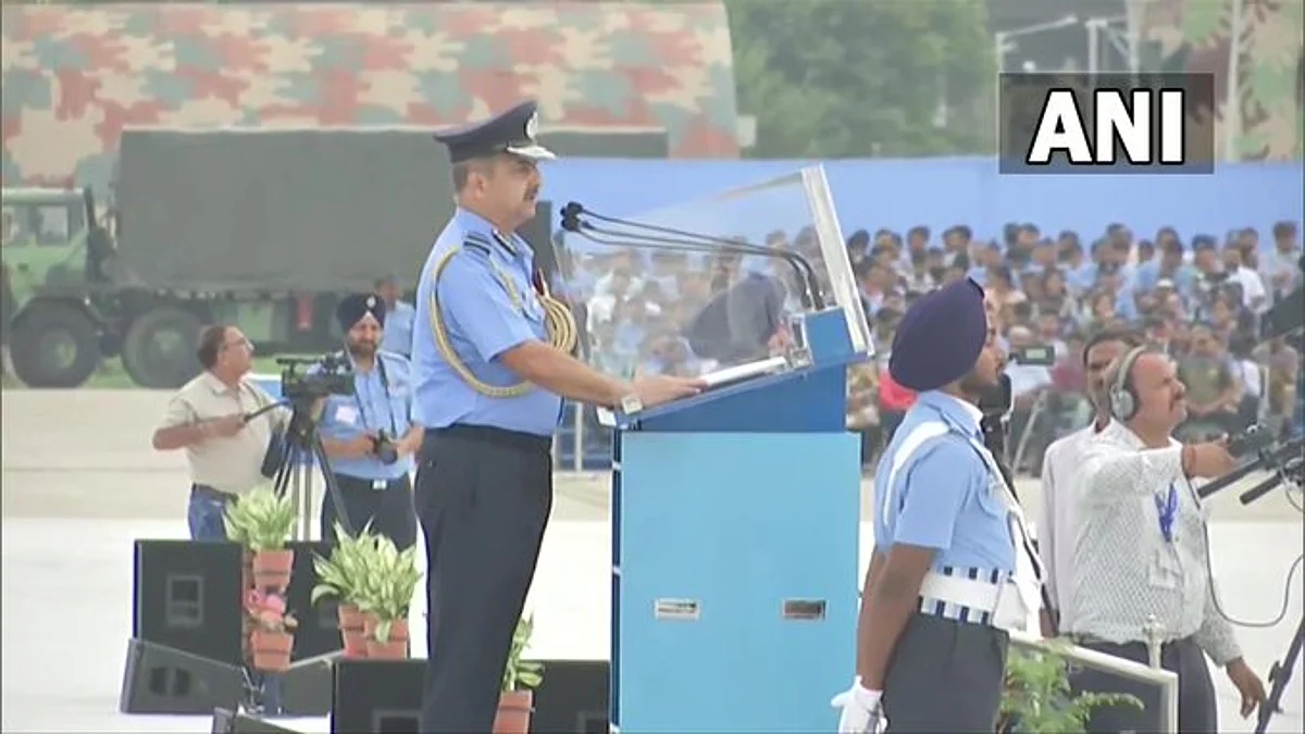 Air Chief Marshal Vivek Ram Chaudhari addressing gathering on IAF day| photo credit: ANI