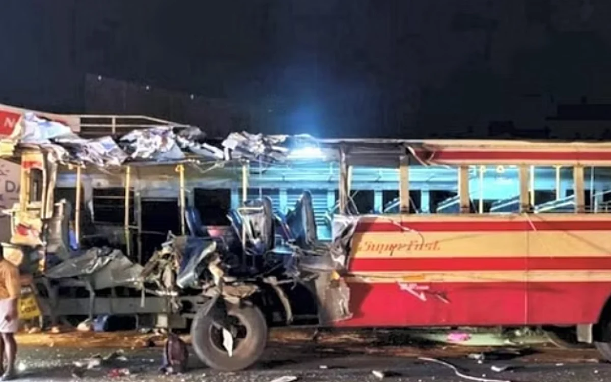 A private bus rammed into a KSRTC bus in Kerala killing nine including school students