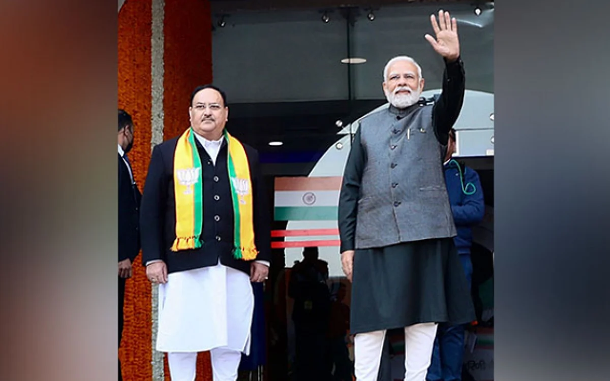 PM Modi (right) alongside BJP president JP Nadda (left)
