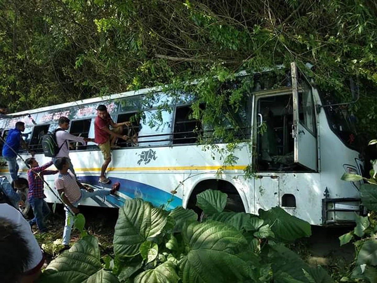 Passenger bus that went off road in Baihata Chariali