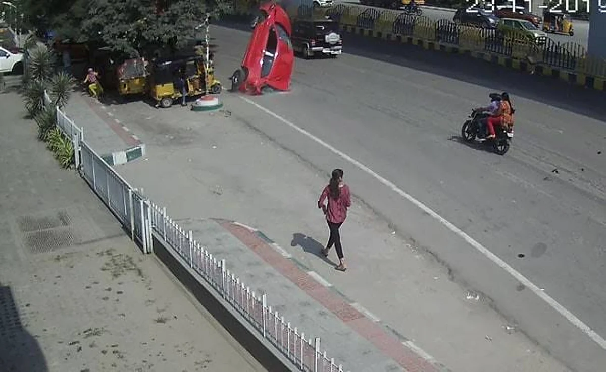 Watch: Car skids off flyover