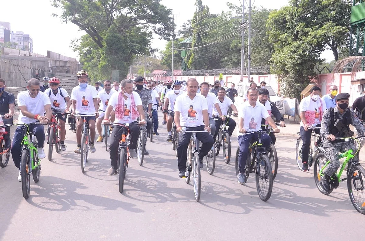 Guwahati: CM Sarma Participates in Bicycle Rally to Wish Lovlina Borgohain