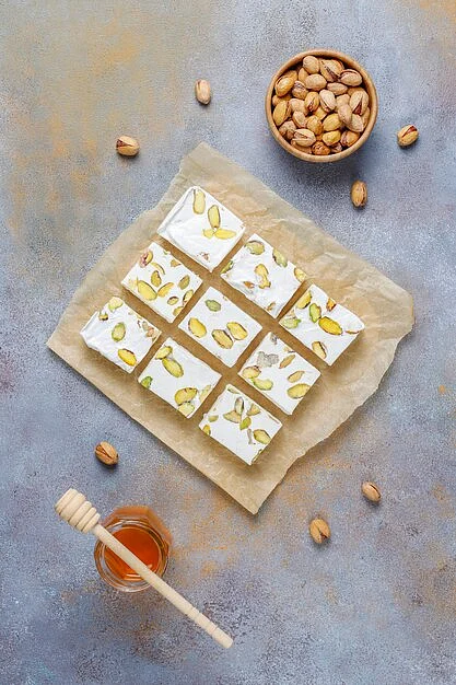 organic homemade nougat made with honey pistachio top view114579 8328