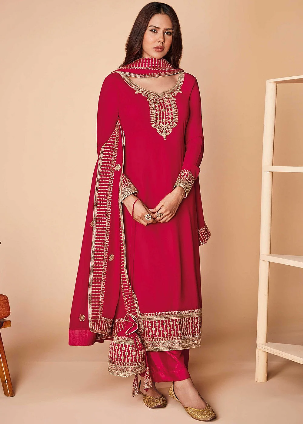 sonam bajwa in plain red suit with stylish sleeves