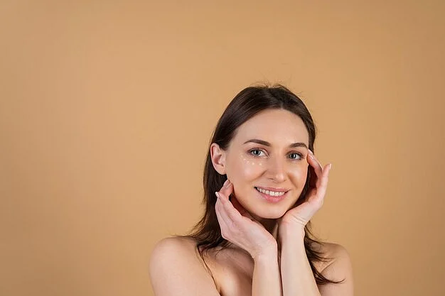 close up beauty portrait topless woman with perfect skin natural make up with anti aging cream dots moisturize firm skin eyes343596 7886
