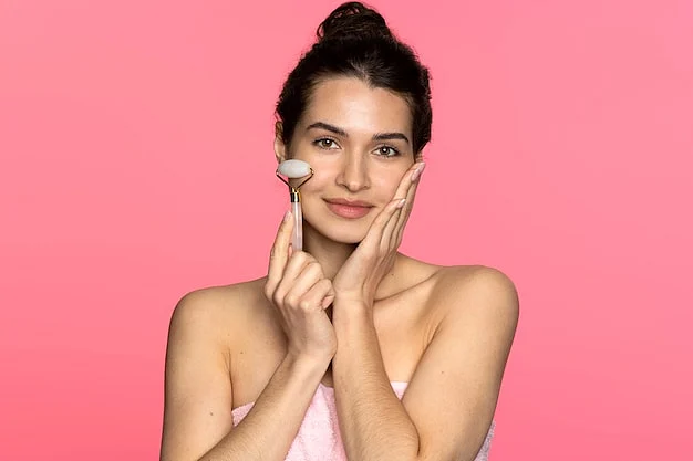 front view smiley woman using face roller23 2149479362