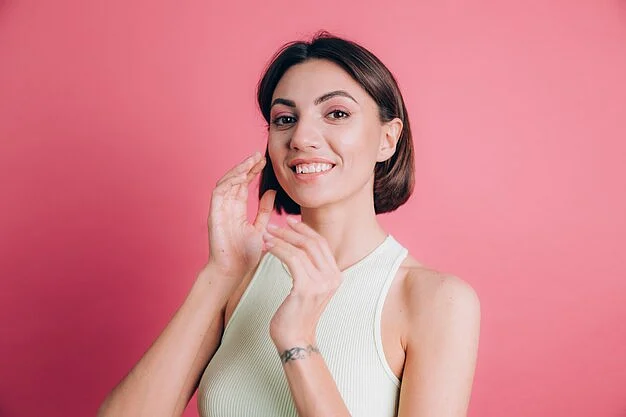 woman pink background happy face smiling looking camera positive person343596 4051
