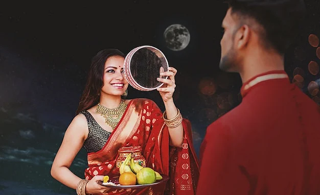 indian woman celebrating karva chauth by looking her husband night 250865 179