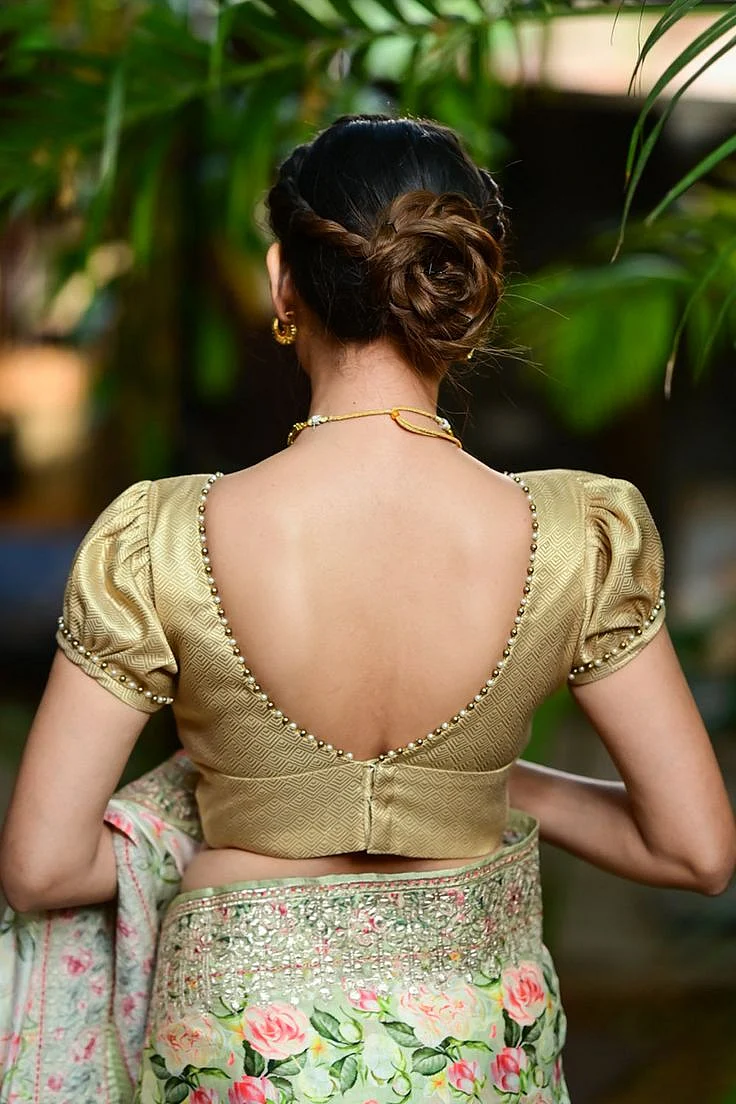 Gold brocade V neck blouse with puff sleeves with beads detailing 38