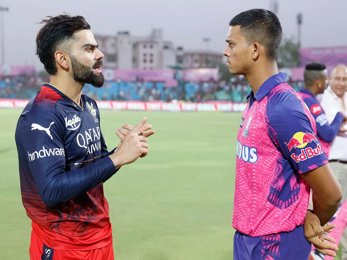 virat kohli l in a conversation with rajasthan royals batting sensation yashasvi jaiswal r