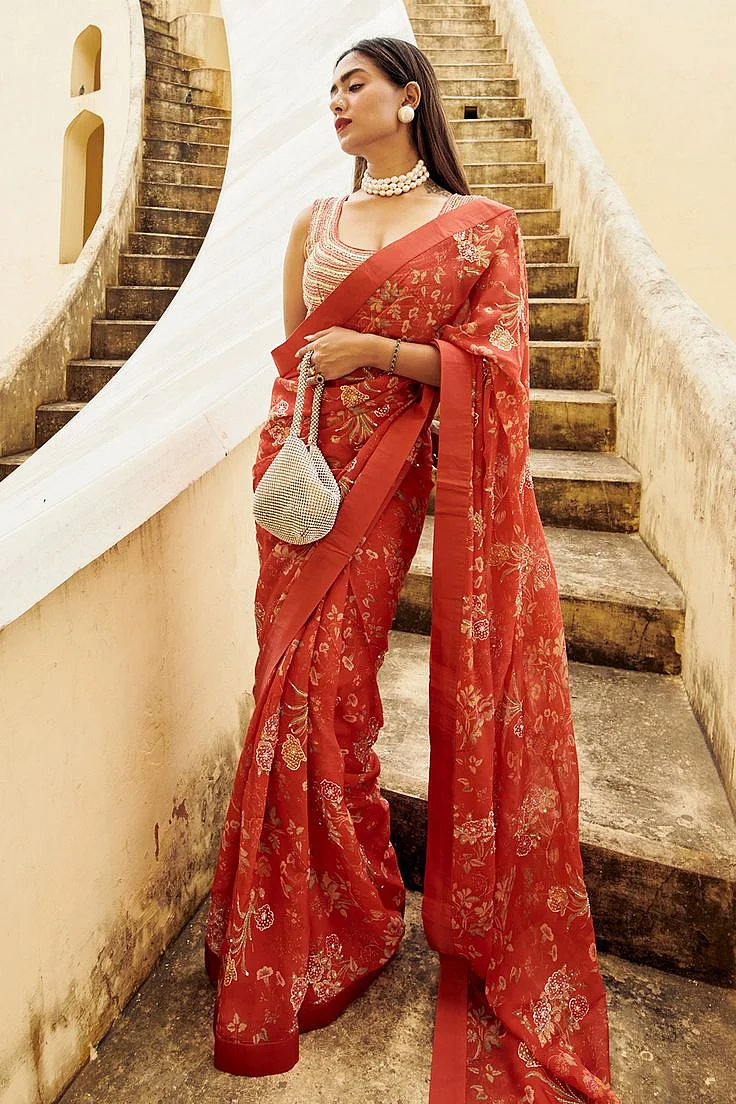 Red Organza Saree with Floral Embroidery