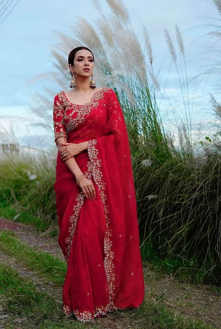 Red and Silver Fusion Organza Saree