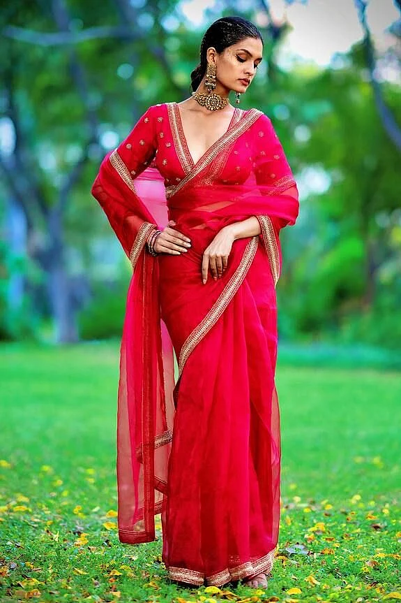 Red Organza Saree with Zari Work