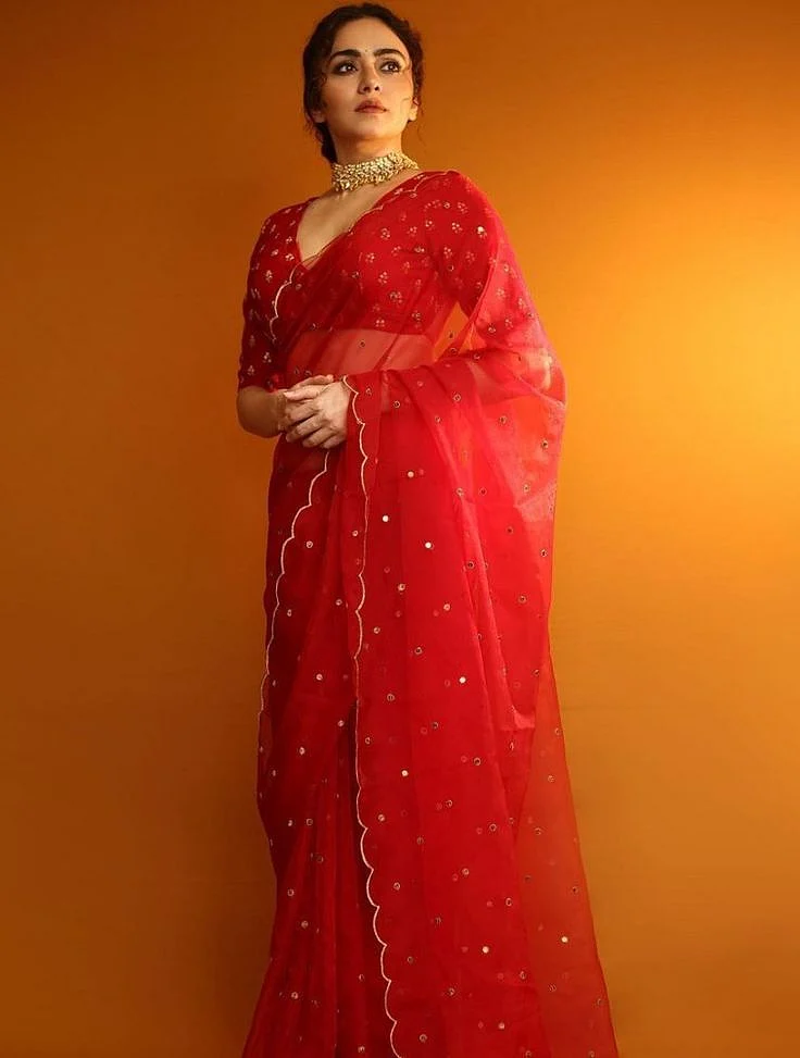 Red Organza Saree with Crystal Work
