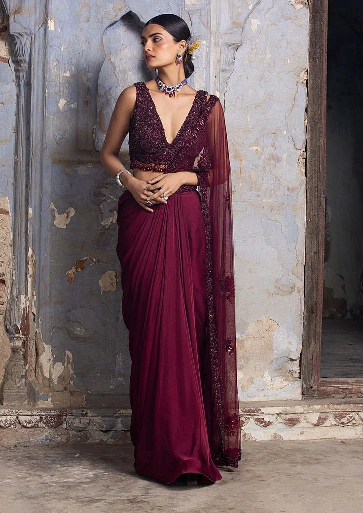 Burgundy Saree Designs 2