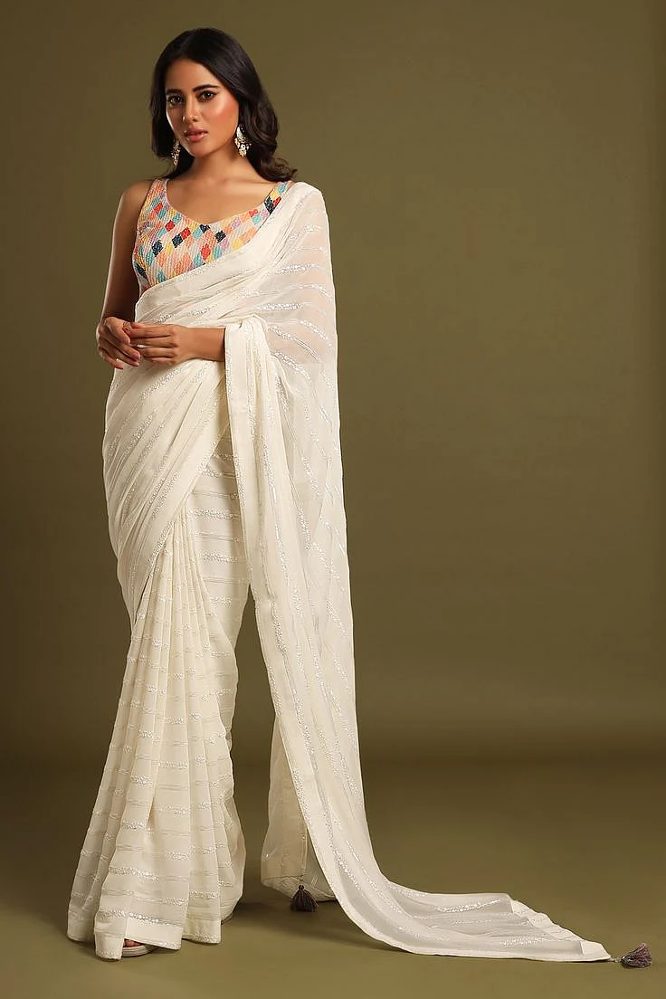 Striped White Saree