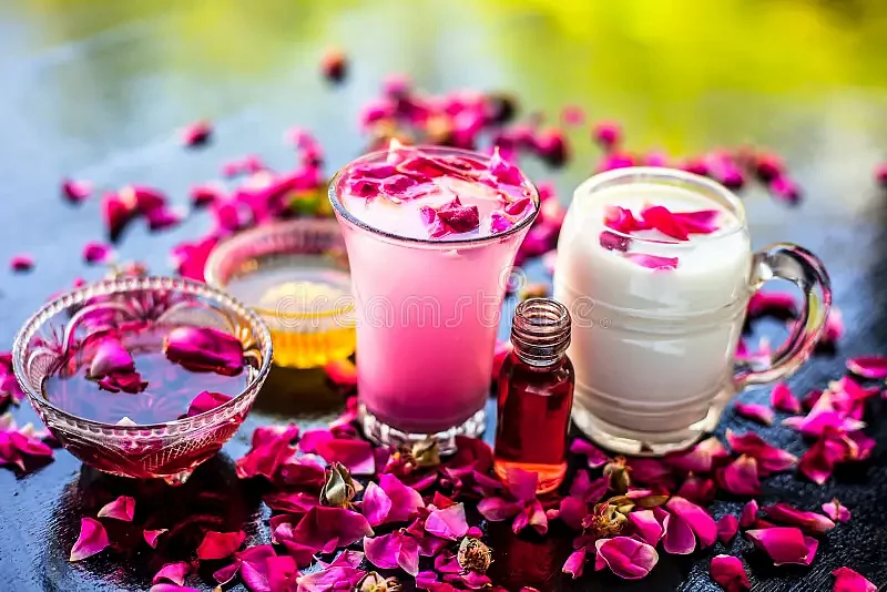 popular ramazan drink i e rose falooda shake transparent glass along raw milk another honey syrup essence also 225549694