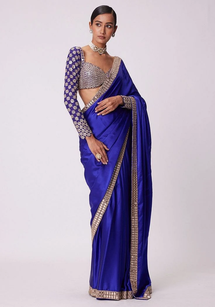 Satin Royal Blue Saree with Blouse