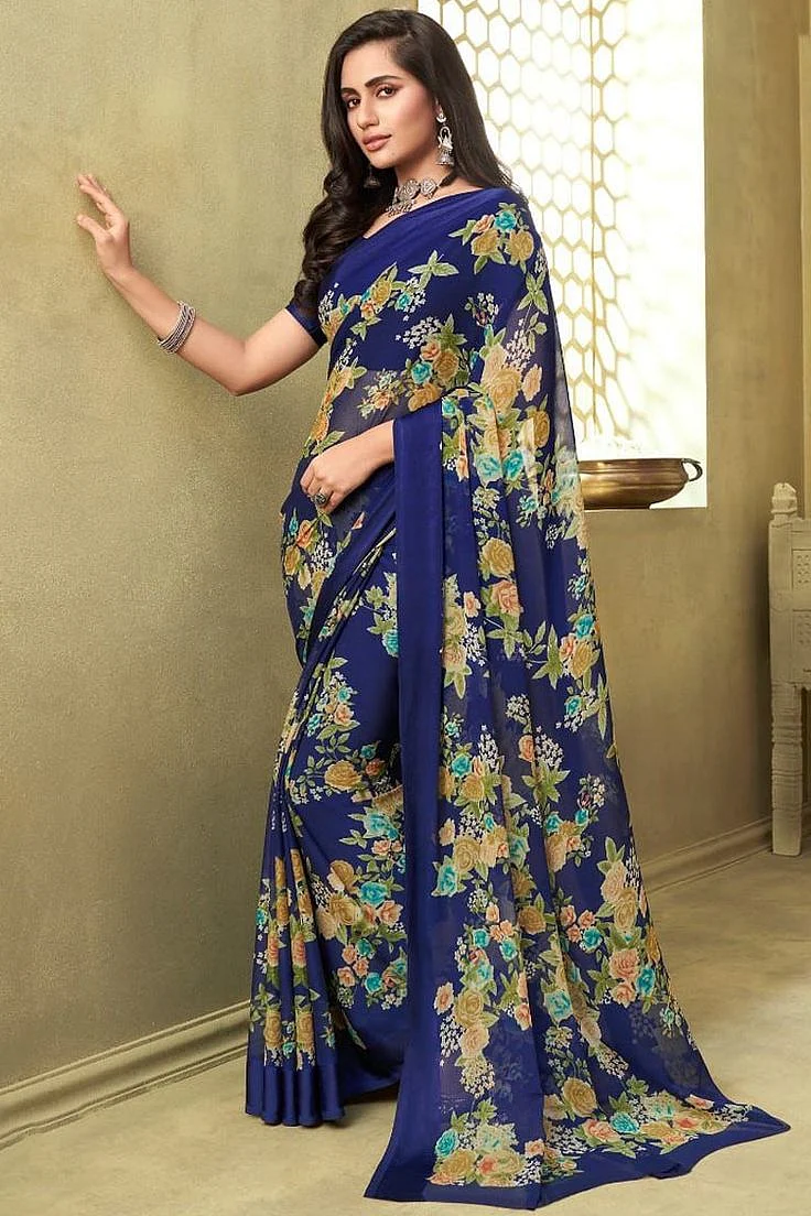 Floral Print Royal Blue Saree