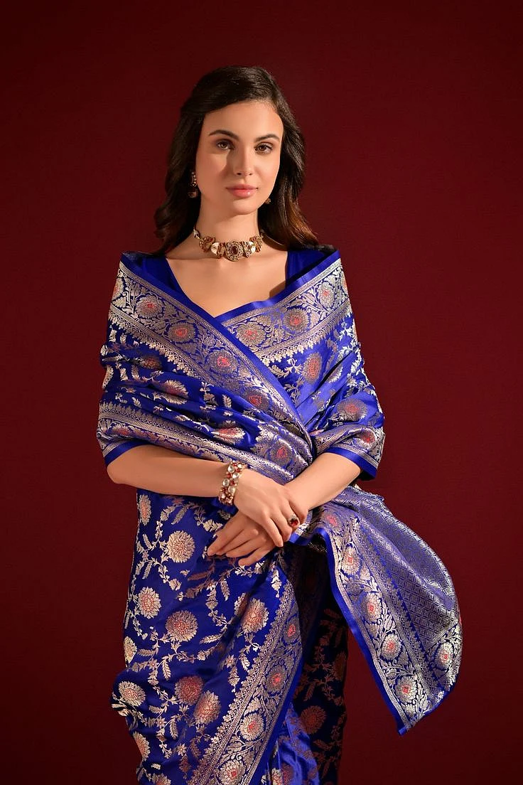 Royal Blue Saree with Ivory and Gold Border