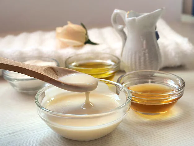 rice flour face mask rice flour honey olive oil milk background closeup543222 389