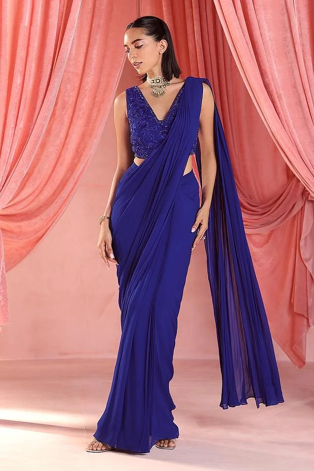 Royal Blue Saree with V Neck Blouse